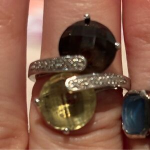 925 Silver Ring with Citrine and Smoky Quartz with Diamonds Gemstones